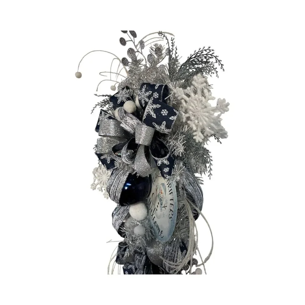 Luxe Winter Midnight Navy Blue Gray Silver Winter Teardrop Swag Wreath